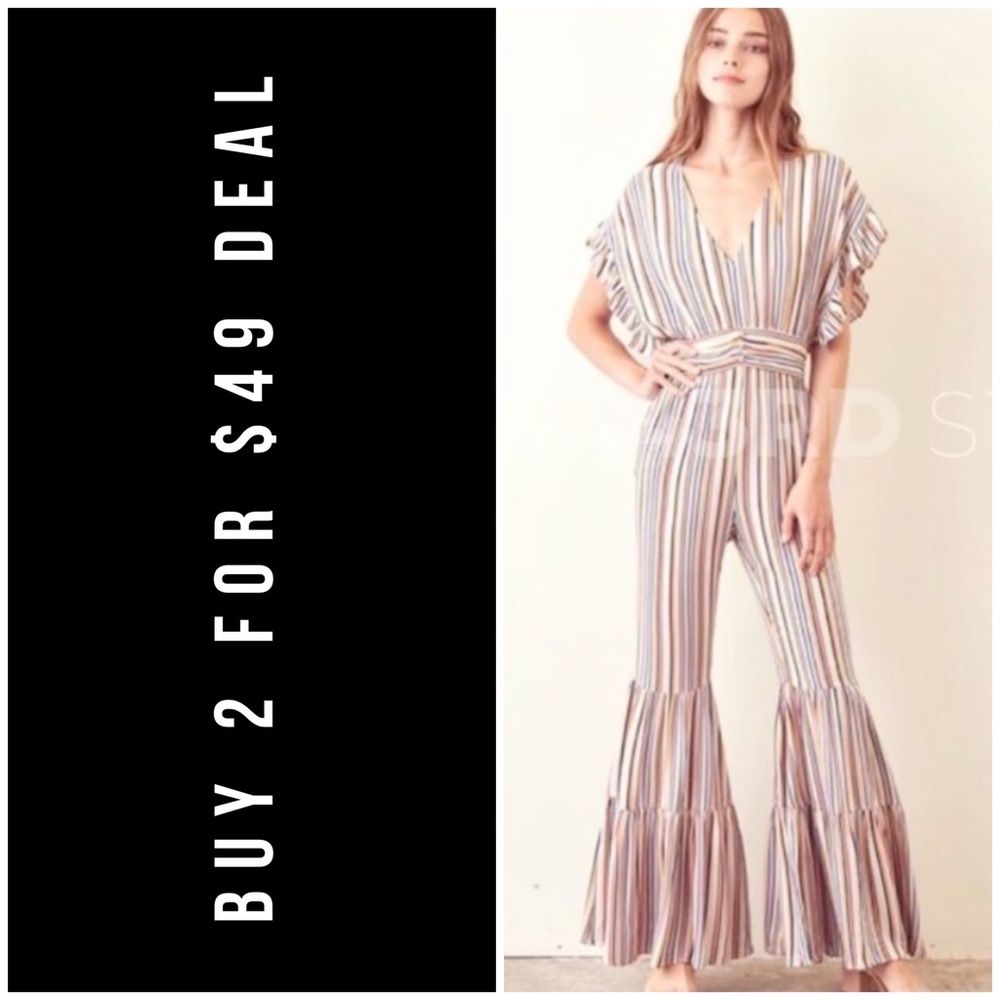 ☀️IVORY STRIPED BELL BOTTOM RUFFLED JUMPSUIT